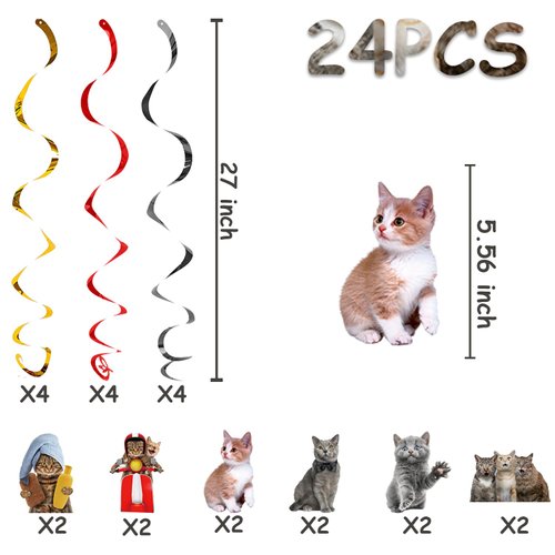 24PCS Hanging Swirl Pet Cat Birthday Party Decorations for Boys Kids Theme Birthday Party Supplies Cat Hanging Spiral Cat Decor (Pet Cat)