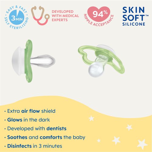 MAM Air Night Pacifiers (1 Sterilizing Pacifier Case), MAM Sensitive Skin Pacifier 6+ Months, Glow in the Dark Pacifier, Best Pacifier for Breastfed Babies, Baby Girl Pacifiers, 6-16 (Pack of 2)