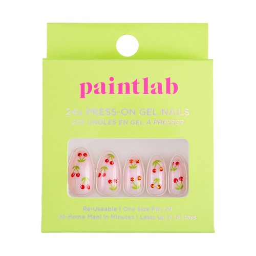 PaintLab Press On Nail Kit - 24 Piece Fake Nails with Glue, Nail File, Prep Pad & Cuticle Stick | Non Toxic & Cruelty Free | Lasting & Complete Glue On Nails for Women & Girls (Cherry Bomb Almond)
