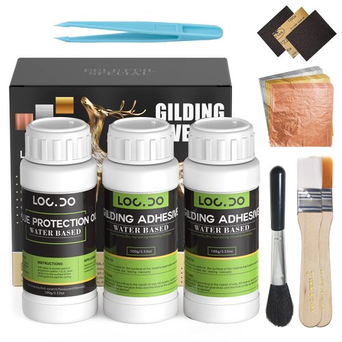 Gilding Adhesive 300ml Set - Water-Based Formula, Non-Toxic & Irritating Odor, Includes 300 PC Gold Leaf Sheets and Protective Paint for Photo Frame Craft, Painting, Furniture and Decoration