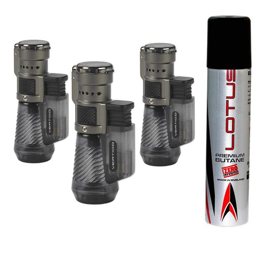 Vertigo by Lotus Cyclone Triple Torch Cigar Lighter Charcoal 3 Pack Plus 1 Lotus 90ml Butane Can