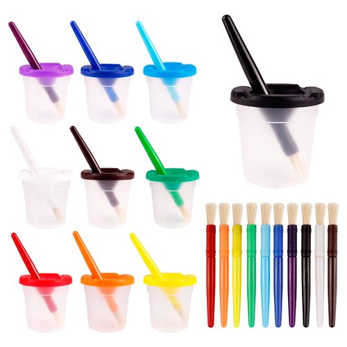 FHDUSRYO 30PCS Spill-Proof Paint Cups with Paint Brushes and Lids, No Spill Paint Cups with Colored Lids, Paint Containers with Lids Toddler Paint Set for Kids