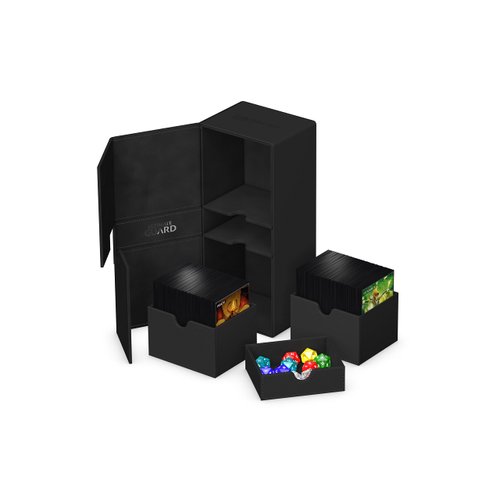 Ultimate Guard Flip 'n' Tray 266+, Deck Case for 266 Double-Sleeved TCG Cards + Dice Tray, Black, Independent Magnetic Closure & Microfiber Lining