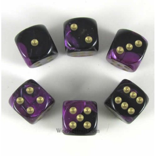 Black Purple Gemini with Gold Pips 16mm D6 Dice Set of 6 Wondertrail WCX26640E6