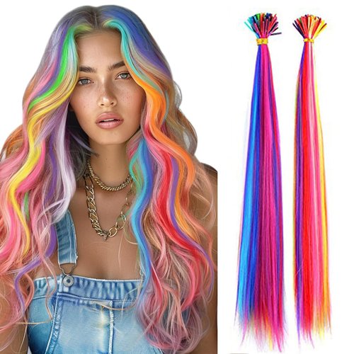 Rainbow Hair Extensions Kit I Tips Hair Extensions Kit 100 Strands 21" I Tip Keratin Fusion Hair Extensions Kit Various Color, Include 100 Microbeads with Hook Tool(Multi-Colored)