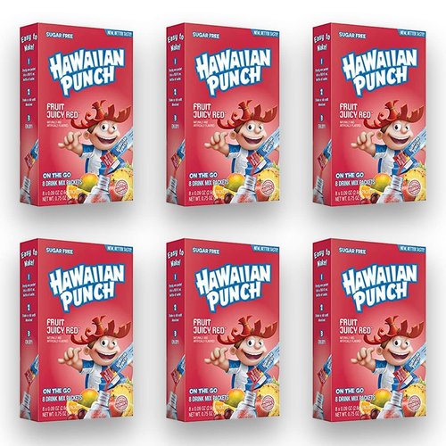 Hawaiian Punch Sugar-Free Juicy Red Powdered Drink Mix 6 Count of 8 packets each for Total 48 Sticks bundle packaged by D'Elite Box