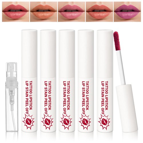 AIUEO 5 Colors Lip Stain Peel Off Lip Tint Stain Matte Lip Peel Off Stain Long Lasting Waterproof Peel Off Lip Stain Non-stick Cup Liquid Lipstick Lip Gloss Makeup