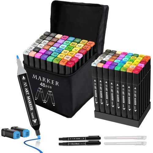 Banral 48 Colors Alcohol Markers Set, Dual Tip Alcohol Based Markers, Art Markers Pens for Artists Kids Adult Coloring, Permanent Illustration Sketch Markers for Drawing with Case and Holders