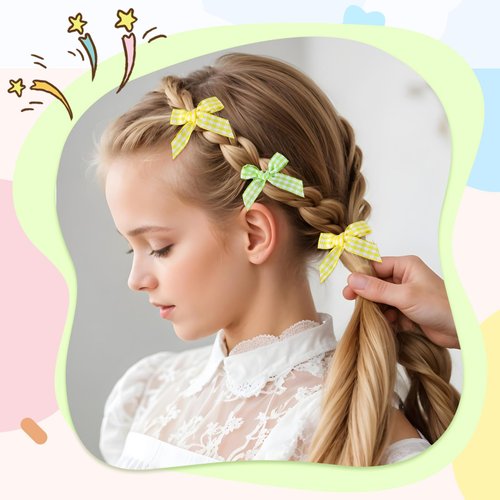 TIESOME 30PCS Mini Plaid Hair Bows, Green & Yellow Checkered Bows Clips for Hair Cute Small Hair Bow Barrettes Ribbon for Women Claw Clips Bowknot Hair Accessories for Women Girls