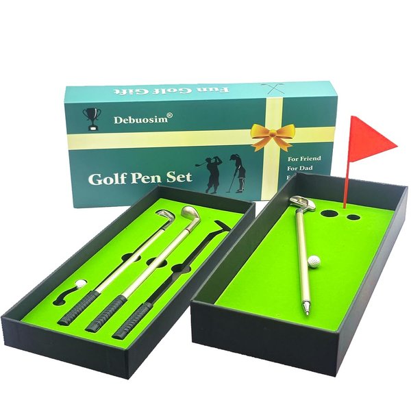 Debuosim Stocking Stuffers for Men Adults, Golf Gifts for Men Dad Adults Husband Him Boyfriend Golfers, Golf Pens with Mini Putting Green, 3 Golf Clubs Pens with Balls and Flag