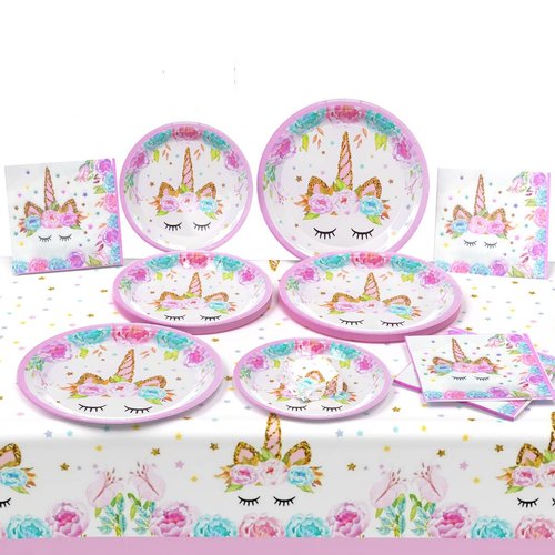 Unicorn Party Decorations, Perfect Unicorn Birthday Party Supplies Set for Girls – Includes 32 Unicorn Plates, 16 Unicorn Napkins, and 1 Unicorn Table Cover