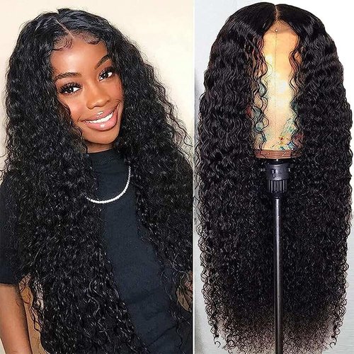 ASVNRES Lace Front Wigs Synthetic Artificial Human Hair Pre-Plucked for Black Women 24 Inch Lace Front Wigs Natural Water Wave Wigs Heat Resistant 150% Density (Black Color) Synthetic