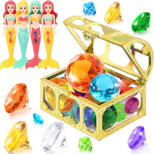 EIMMBD 26pcs Diving Gem Pool Toys Colorful Diamonds Bath Toys Set with Treasure Pirate Box Summer Swimming Diving Toys for Boys and Girls