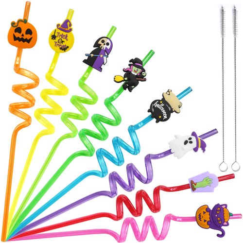 24PCS Halloween Reusable Drinking Straws, Grave Ghost Cats Pumpkin Witch Spider Pattern Party Favors Goodie Gifts for Kids Halloween Party Supplies