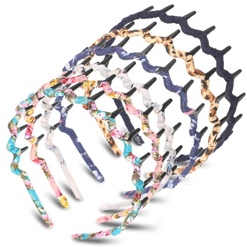 6 Pieces Zigzag Headbands for Women Shark Tooth Comb Hairbands Wrapped Cloth Hairbands Wave Shape Plastic Hair Band Hair Accessory(Chic Pattern)