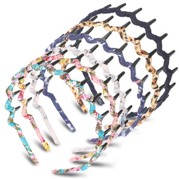 6 Pieces Zigzag Headbands for Women Shark Tooth Comb Hairbands Wrapped Cloth Hairbands Wave Shape Plastic Hair Band Hair Accessory(Chic Pattern)