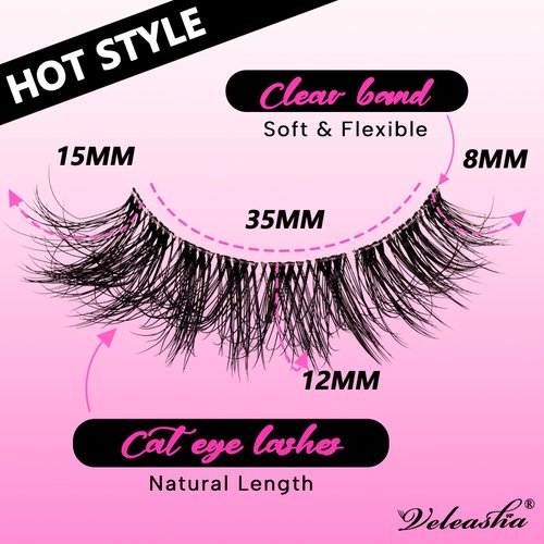 Veleasha Natural Lashes Fluffy Eyelashes Cat Eye Lashes 7 Pairs 8-15mm Clear Band False Eyelashes C Curl Wispy Faux Mink Lashes Soft 100% Handmade Fake Eyelashes (C01)