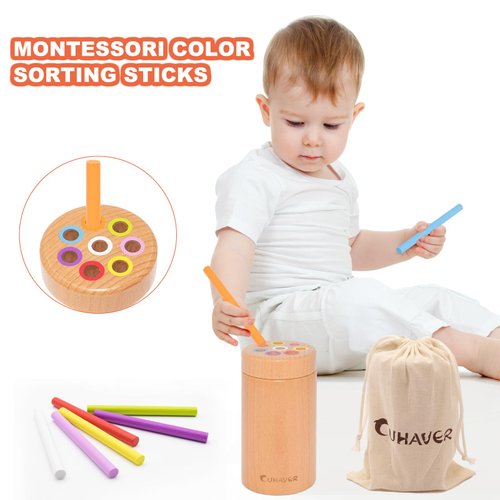 CUHAVER Montessori Toys for 1 Year Old, Sensory Toys for Toddlers Age 1 2 3, Wooden Learning Color Sorting Toys, Sensory Training with Color Sorting Sticks, Birthday for Boys Girls