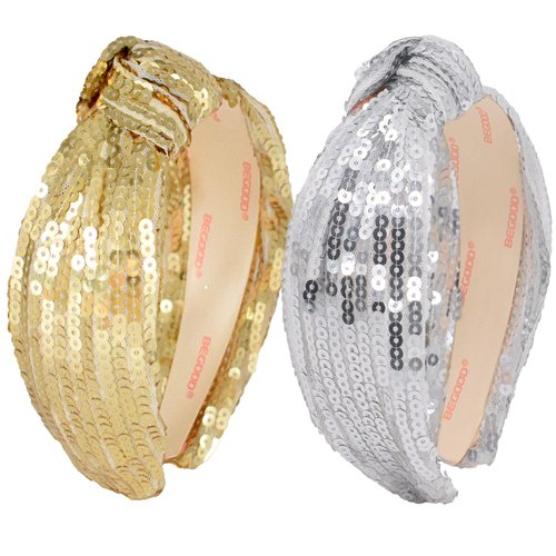 BEGOOD Headbands for Women Gold Knotted Wide Headbands Fashion Sequin Womens Hairbands Sparkly Silver Turban Head Bands Hair Accessories for Girls