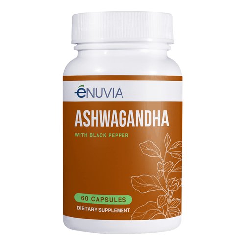 Enuvia Ashwagandha Supplement - Natural Relief and Stamina Support to Help Ease Tension 60 Capsules Pure Root with Black Pepper Extract for Enhanced Absorption Vegan, Made in the USA