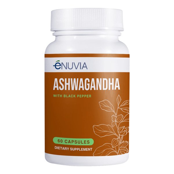 Enuvia Ashwagandha Supplement - Natural Relief and Stamina Support to Help Ease Tension 60 Capsules Pure Root with Black Pepper Extract for Enhanced Absorption Vegan, Made in the USA