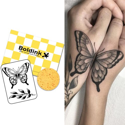 Boldink Semi-permanent tattoos, realistic fake tattoos, last 7-15 days, waterproof non-reflective temporary tattoo stickers, cruelty-free, uniquely designed exquisite packaging（Butterfly and Leaves）