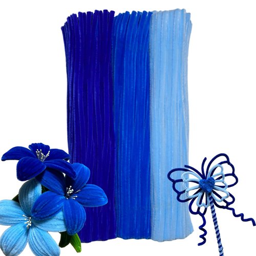 Harmoso Blue Color Trio Pipe Cleaner Set - 300pcs, Thick Fluffy Chenille Stems for Arts & Crafts, Perfect for Making Animals, Flowers, and Festive Decorations(12 inches x 0.24 inches)