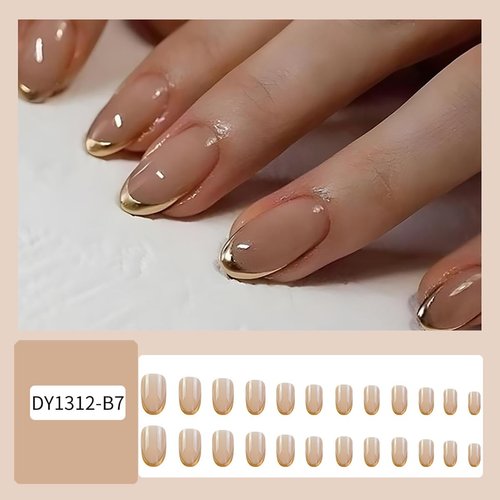 Gold French Tip Press on Nails Short Almond Nude False Nails Full Cover Simple Style Artificial Fake Nails Glossy Stick on Nails Daily Wear Nail Art Decoration for Women and Girls 24Pcs