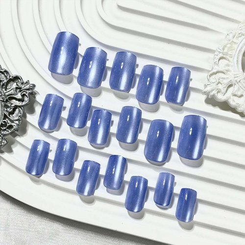 Cat Eye Press on Nails Medium Square Fake Nails Blue Glossy Acrylic Fake Nails Glitter Glue on Nails Full Cover Finish False Nails Stick on Nails for Women Girls 24Pcs