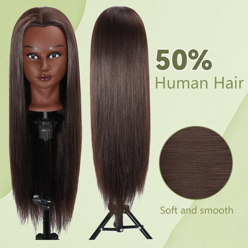 Mannequin Head With Hair，Training Doll Manikin Cosmetology Styling Head Hairdressing Training for Braiding with Free Clamp (Brown)