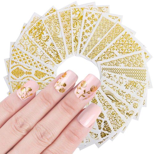 Gold Flowers Nail Art Sticker, KISSBUTY 20 Sheets Metallic Flowers Vine Nail Decals 3D Flower Lace Nail Adhesive Stickers Leaves Nail Art Decor Gold Floral Nail Decor Manicure