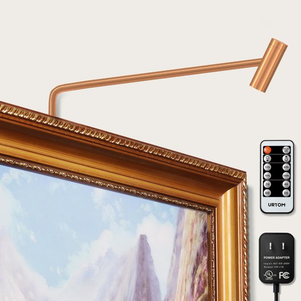 URTOM Plug in Picture Light Dimmable Art Lights for Paintings Remote Control 3000K Picture Frame Light with Timer CRI 90 LED Picture Lights for Wall Display Artwork Portrait Gallery, Copper Body