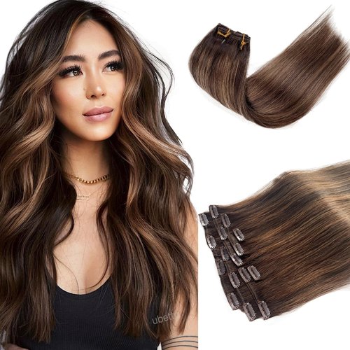 Sew in Hair Extensions Real Human Hair, 16 Inch 100G Weft Hair Extensions Human Hair Bundles Ombre Brown and Blonde Balayage Highlights Hair Extensions Real Human Hair Weave Bundles for Women