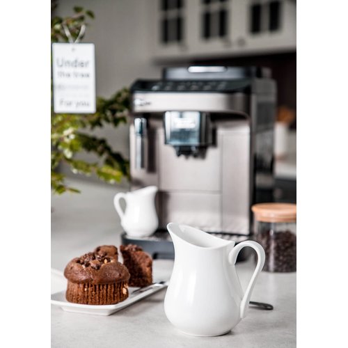 Nucookery 2 Pack 8 Oz White Creamer with Handle, Ceramic Small Creamer Pitcher Set of 2, Porcelain Small Milk Pitcher For Coffee Sauces Salad Milk, Microwave & Freezer Safe (8-Ounce, Set/2)