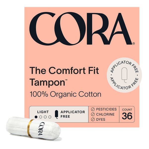 Cora 100% Organic Cotton Non-Applicator Tampons | Ultra-Absorbent, Unscented, Natural, Non-Toxic, Applicator Free | Eco-Conscious (36 Light Tampons)