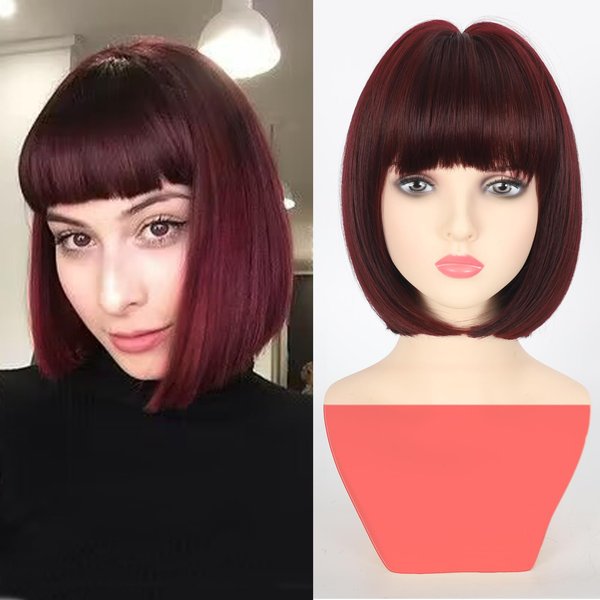 AliRobam Bob Wig with Bangs Short Straight Wigs for Women Wine Red Burgundy Color Heat Resistant Synthetic Fiber Wigs for Daily Party Halloween Cosplay (Wine Red)