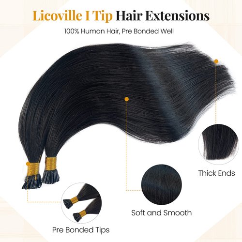 I Tip Hair Extensions #1B Natural Black I Tip Extensions Real Human Hair Keratin Tip Hair Extension Long Straight Cold Fusion Hair Extensions Human Hair Itip Black 24 Inch 50s 50g/Pack