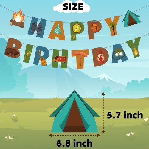 PANRRPERS Camping Happy Birthday Banner, Fun House Banner with Campfire Tent Oil Lamp Adventure Camping Boys Girls Camping Birthday Party Supplies Indoor Outdoor Home Yard Campsite Birthday Decor