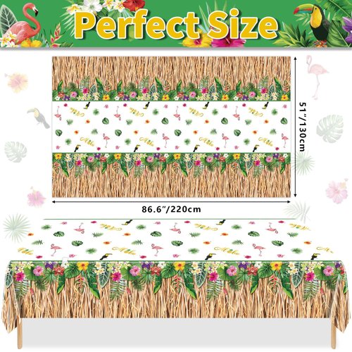 PIXHOTUL 4 Pack Hawaiian Luau Grass Tablecloths, Hawaii Luau Table Skirt Party Decorations, Tropical Palm Tablecover for Summer Beach BBQ Tropical Ahola Party Baby Shower, 86 x 51in (4)