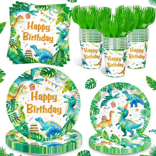 120pcs Dinosaur Party Plates Napkins Watercolor Dinosaur Birthday Party Supplies Paper Cups Green Forks Disposable Tableware Set for Dinosaur Theme Boys Birthday Party Supplies Serves 24 Guest