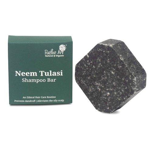 Rustic Art Organic Neem Tulsi Shampoo Bar | Deep Cleansing, Oily, Dandruff Prone Hair | Charcoal & Eucalyptus | Sulphate & Paraben Free, Natural & Organic | 2.65 Oz