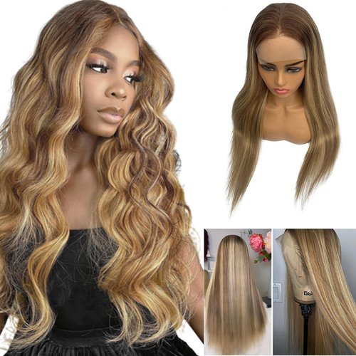 Straight Highlight Lace Front Wigs Human Hair 13×4 Lace Wigs for Women,Ombre Medium Brown with Golden Blonde Highlights Silky Straight Remy Lace Front Wigs Human Hair Pre Plucked with Baby Hair
