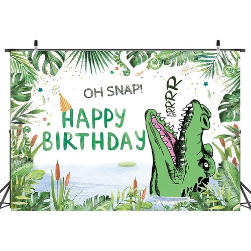 Hilioens 7×5ft Crocodile Birthday Backdrop Cartoon Crocodile Kids Boys Birthday Party Decorations Green Leaf Oh Snap Background Banner Supplies