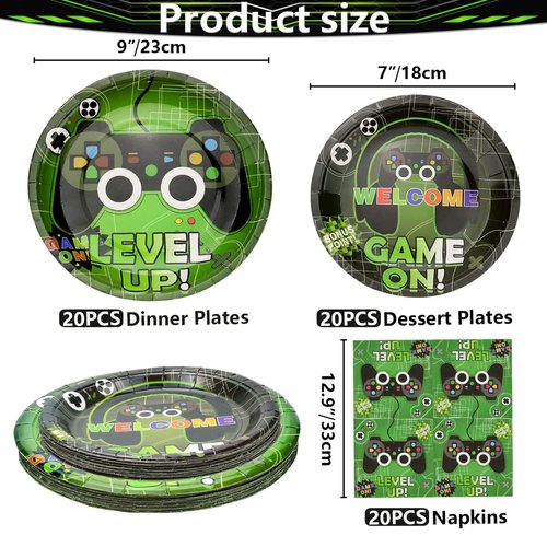 Video Game Party Decorations, Disposable 7” and 9” Plates and Napkins, Tablecloth Video Game Party Set, Gaming Birthday Party Supplies for Boys Teens, 61 PCS