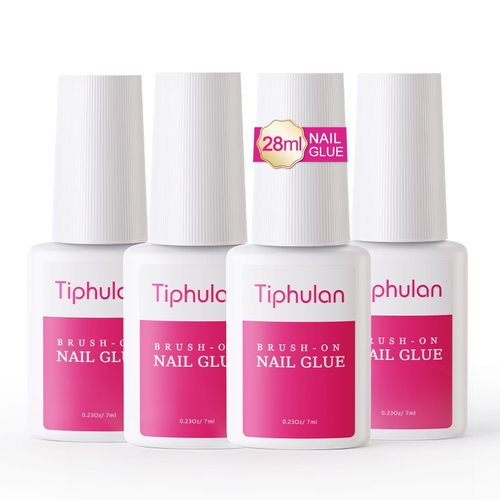 TIPHULAN 28ml Brush On Nail Glue for Press On, Acrylic Nails - Super Strong, Durable & Long-Lasting, Mess Free, Travel Friendly, 0.92 oz(4PCS)