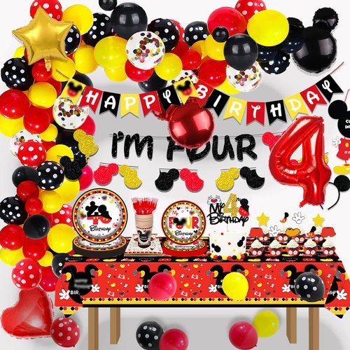 222 Pcs Red Cartoon 4th Birthday Party Supplies Decorations - Four Dessert Plates Cups Tablecover Cake Cupcake Toppers Banner Balloons Arch Kit for Boys 4th Birthday Party Favor