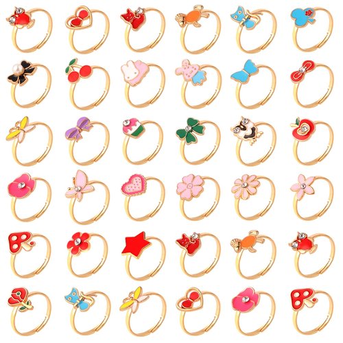 36pcs Little Girl Jewel Rings for kids,Adjustable,girl accessories,No Duplication Kids Play Rings in Box,Pretend Play and Dress Up Jewelry with Heart Shape Display Case,Birthday Age for 3-12