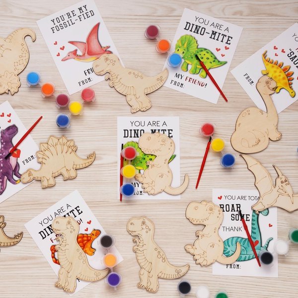 GOGREENWOVEN Dinosaur Party Favors - 24 PCS Dinosaur Birthday Party Supplies - Dinosaur Cards with Wood Painting Crafts Bulk - Thank You for Coming Gifts for Kids Boys Girls Toddler