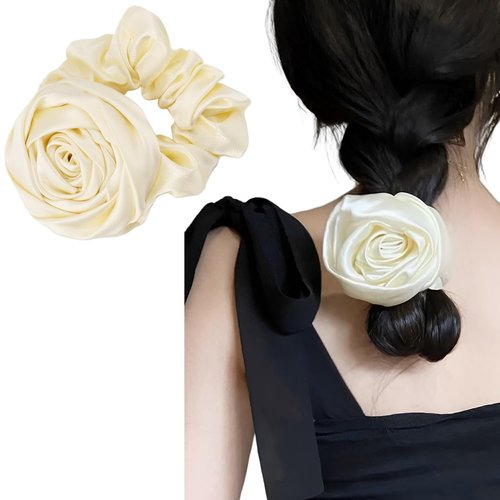 Guqqeuc Satin Rose Hair Scrunchie with Flower Hair Bow for Women Girls Silk Scrunchy Hair Elastics for Long Thick Hair