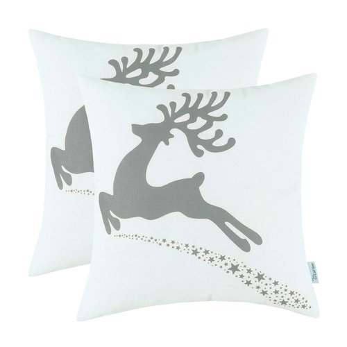 CaliTime Pack of 2 Soft Canvas Throw Pillow Covers Cases for Couch Sofa Home Decoration Christmas Holiday Reindeer with Stars Print 18 X 18 Inches Medium Grey